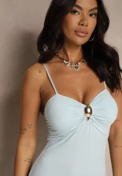 Niebieska Sukienka na Ramiączkach z Wiskozą z Siateczkowym Zdobieniem Savorielle