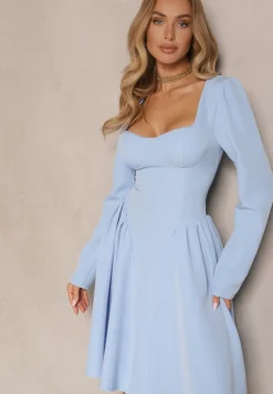 Niebieska Sukienka o Rozkloszowanym Kroju z Gorsetową Górą Tillitte