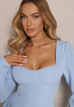 Niebieska Sukienka o Rozkloszowanym Kroju z Gorsetową Górą Tillitte