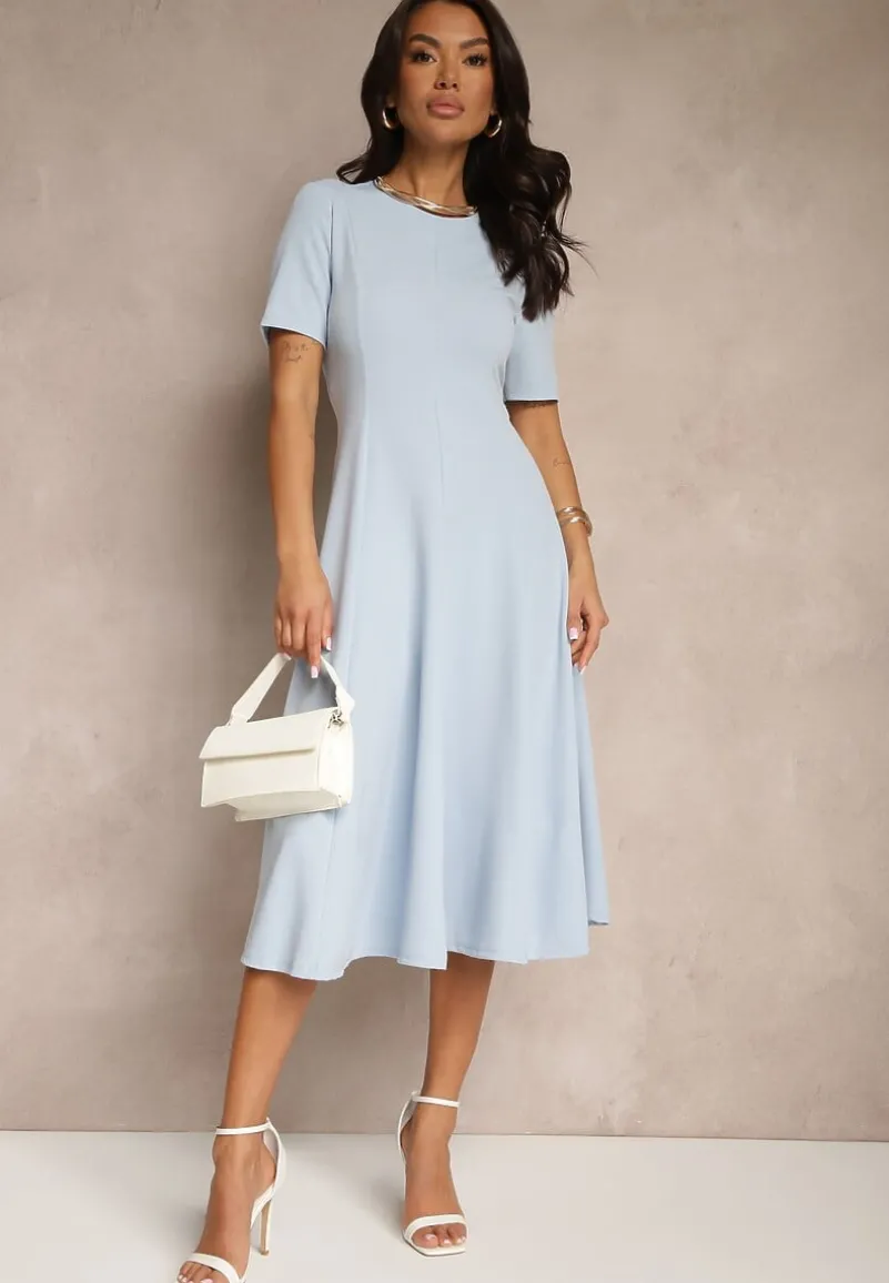 Niebieska Sukienka Rozkloszowana o Taliowanym Fasonie Telaswena