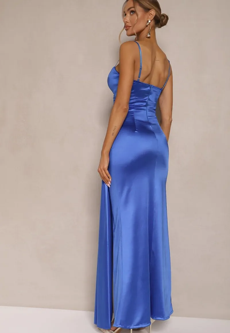 Niebieska Sukienka Satynowa z Marszczeniem i Ozdobnym Trenem Katiriva