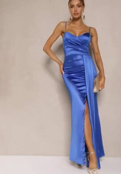 Niebieska Sukienka Satynowa z Marszczeniem i Ozdobnym Trenem Katiriva