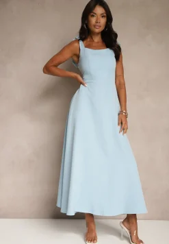 Niebieska Sukienka z Wiskozą o Rozkloszowanym Kroju z Wiązaniem Nilafeia