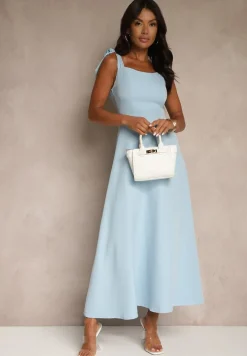 Niebieska Sukienka z Wiskozą o Rozkloszowanym Kroju z Wiązaniem Nilafeia