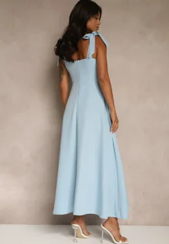 Niebieska Sukienka z Wiskozą o Rozkloszowanym Kroju z Wiązaniem Nilafeia