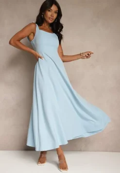 Niebieska Sukienka z Wiskozą o Rozkloszowanym Kroju z Wiązaniem Nilafeia