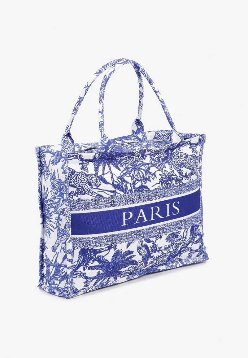 Niebieska Torebka Shopperka z Tropikalnym Wzorem i Napisem Alirisse