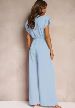 Niebieski Kombinezon Wykończony Prostymi Szerokimi Nogawkami z Wiskozą i Kwiatem 3D Dimentia