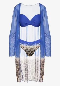 Niebieski Komplet Bikini Majtki Figi Biustonosz i Narzutka w Panterkę Paselina