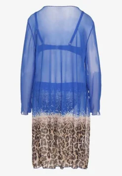 Niebieski Komplet Bikini Majtki Figi Biustonosz i Narzutka w Panterkę Paselina