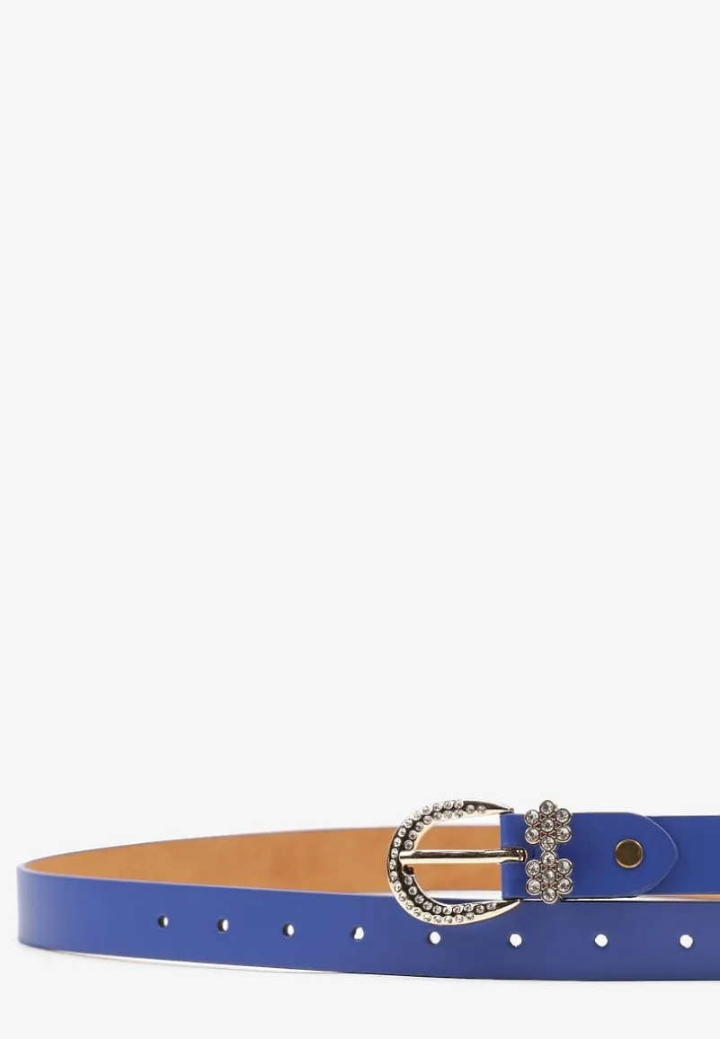 Niebieski Pasek z Aplikacjami w Kształcie Kwiatków i Ozdobną Sprzączką Tinasol