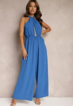 Niebieski Taliowany Kombinezon ze Ściągaczem w Talii i Wiązaniem przy Szyi Rivasiris