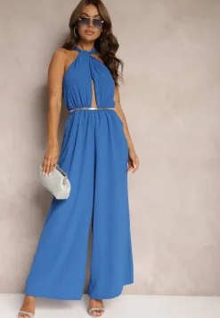 Niebieski Taliowany Kombinezon ze Ściągaczem w Talii i Wiązaniem przy Szyi Rivasiris