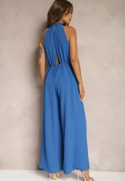 Niebieski Taliowany Kombinezon ze Ściągaczem w Talii i Wiązaniem przy Szyi Rivasiris