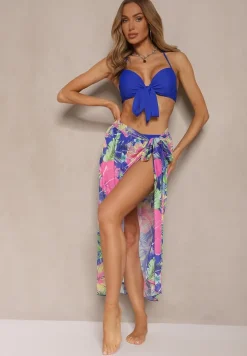 Niebieskie Bikini Majtki Figi Biustonosz z Wiązaniem i Kwiatowe Pareo Folanira