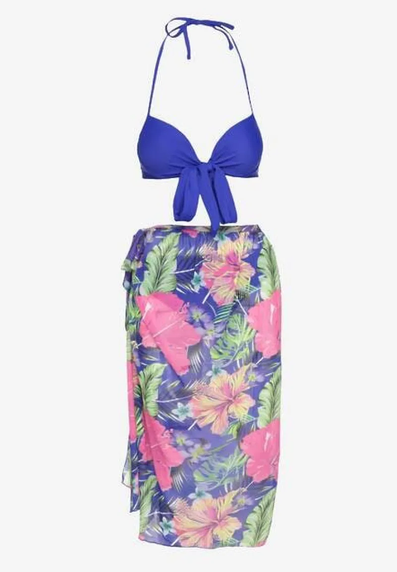 Niebieskie Bikini Majtki Figi Biustonosz z Wiązaniem i Kwiatowe Pareo Folanira