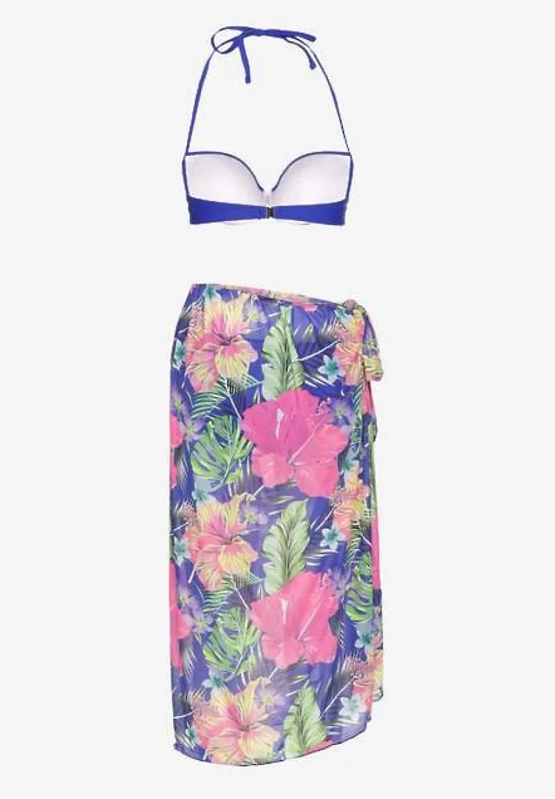 Niebieskie Bikini Majtki Figi Biustonosz z Wiązaniem i Kwiatowe Pareo Folanira
