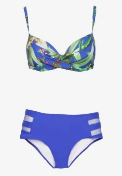 Niebieskie Bikini Biustonosz w Liście i Majtki Figi z Siateczkowymi Wstawkami Kinalea