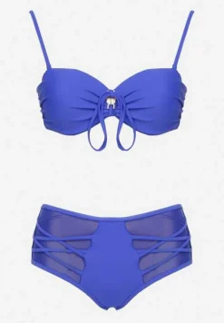 Niebieskie Bikini Biustonosz i Majtki Figi High Waist z Siateczkowymi Zdobieniami Kinovia