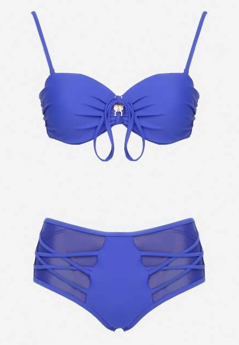 Niebieskie Bikini Biustonosz i Majtki Figi High Waist z Siateczkowymi Zdobieniami Kinovia