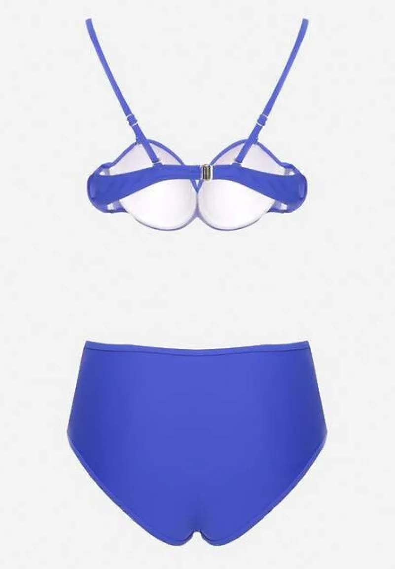 Niebieskie Bikini Biustonosz i Majtki Figi High Waist z Siateczkowymi Zdobieniami Kinovia