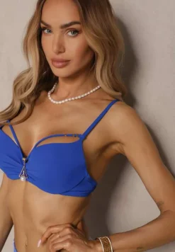 Niebieskie Bikini Majtki Figi i Biustonosz Push-Up Ozdobiony Paskami Wiobella