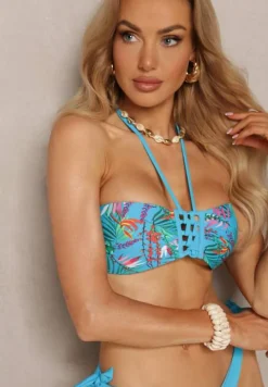 Niebieskie Bikini Majtki Figi ze Sznurkami po Bokach i Usztywniany Biustonosz z Wiązaniem Natmarie