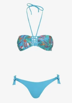Niebieskie Bikini Majtki Figi ze Sznurkami po Bokach i Usztywniany Biustonosz z Wiązaniem Natmarie