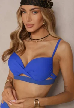 Niebieskie Bikini z Ozdobnymi Wycięciami Wiązany Biustonosz i Majtki Figi Kinessa