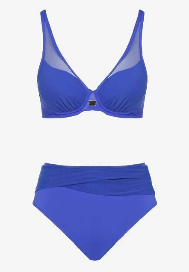 Niebieskie Bikini z Siateczkowymi Zdobieniami Biustonosz i Majtki Typu Figi Linelissa