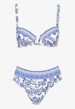 Niebieskie Bikini Zdobione Ornamentalnym Printem Biustonosz i Figi Mirulea