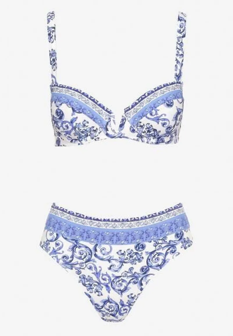 Niebieskie Bikini Zdobione Ornamentalnym Printem Biustonosz i Figi Mirulea