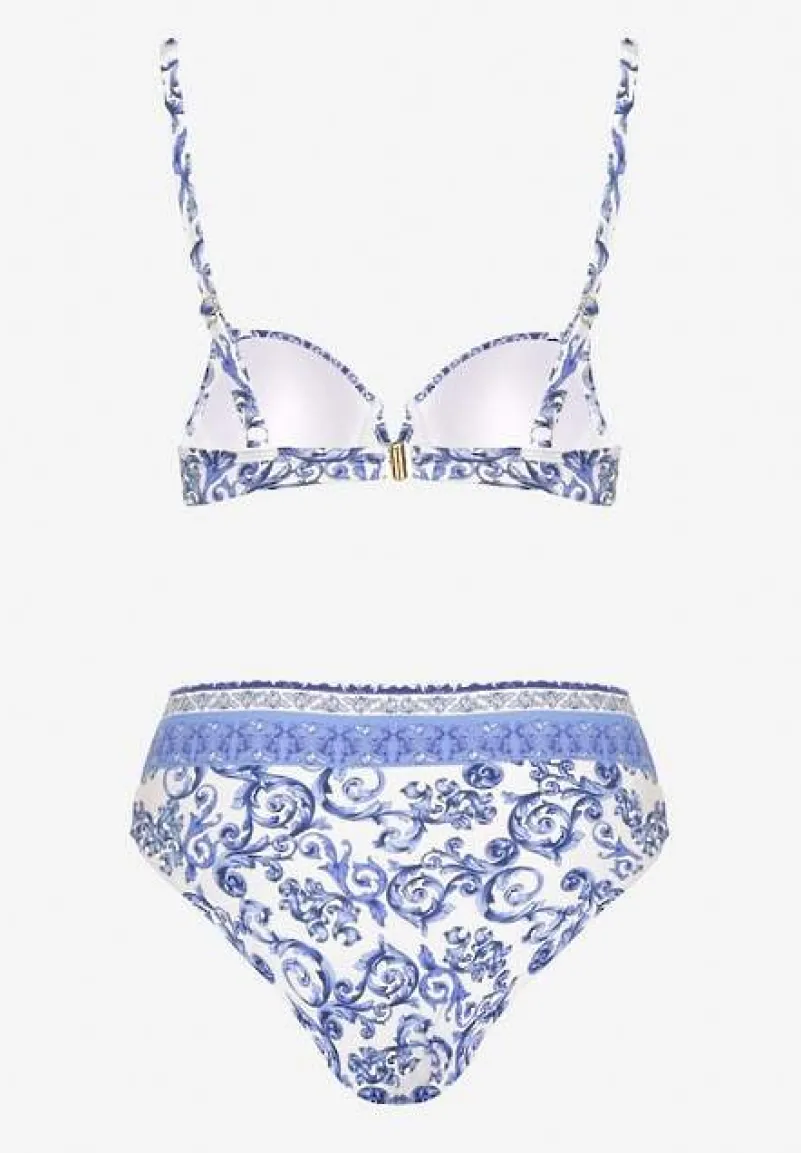 Niebieskie Bikini Zdobione Ornamentalnym Printem Biustonosz i Figi Mirulea