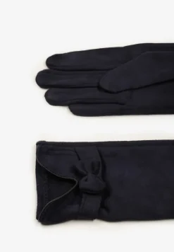 Niebieskie Rękawiczki Dzianinowe z Bawełną Ozdobione Kokardą Tessemi