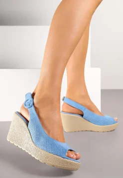 Niebieskie Sandały na Ozdobnym Koturnie z Cholewką z Perforacją i Odkrytym Noskiem Aldonie