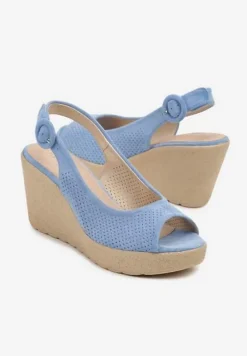 Niebieskie Sandały na Ozdobnym Koturnie z Cholewką z Perforacją i Odkrytym Noskiem Aldonie