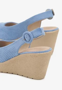 Niebieskie Sandały na Ozdobnym Koturnie z Cholewką z Perforacją i Odkrytym Noskiem Aldonie