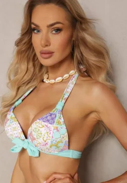 Niebiesko-Beżowe Bikini w Mozaikowy Wzór z Biżuteryjną Klamerką Vextella