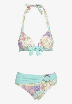 Niebiesko-Beżowe Bikini w Mozaikowy Wzór z Biżuteryjną Klamerką Vextella