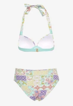 Niebiesko-Beżowe Bikini w Mozaikowy Wzór z Biżuteryjną Klamerką Vextella