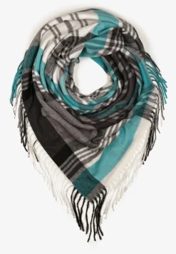 Niebiesko-Biały Kraciasty Szalik z Wiskozy i Bawełny z Frędzlami Relavis