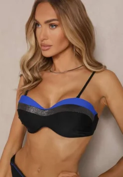 Niebiesko-Czarne Bikini z Metaliczną Nicią Usztywniany Biustonosz i Figi Mitelle