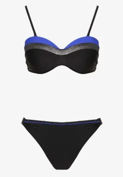 Niebiesko-Czarne Bikini z Metaliczną Nicią Usztywniany Biustonosz i Figi Mitelle