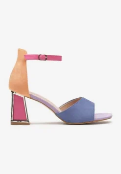 Niebiesko-Różowe Sandały z Ekoskóry na Słupku z Metalicznym Wykończeniem Zapinane przy Kostce Dannesia