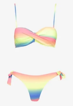 Niebiesko-Żółte Bikini Majtki Typu Figi i Biustonosz z Marszczeniem w Geometryczny Wzór Kinnira