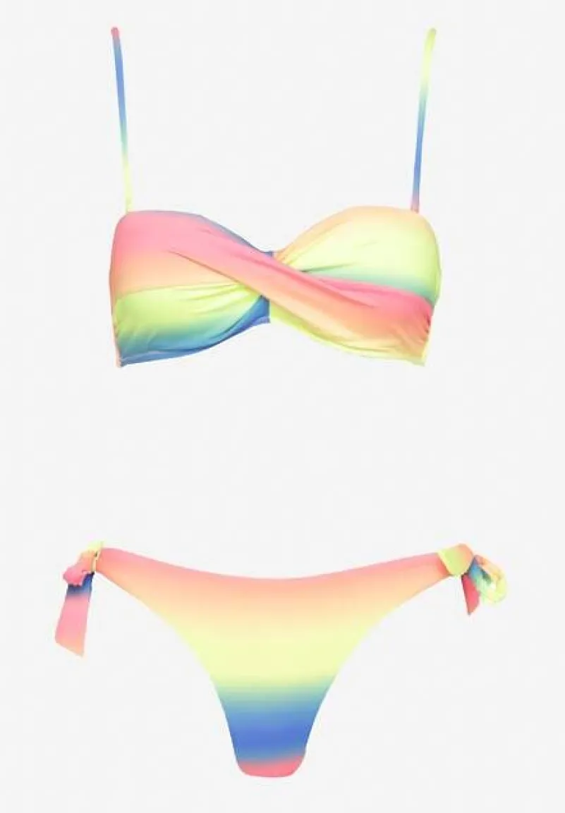 Niebiesko-Żółte Bikini Majtki Typu Figi i Biustonosz z Marszczeniem w Geometryczny Wzór Kinnira