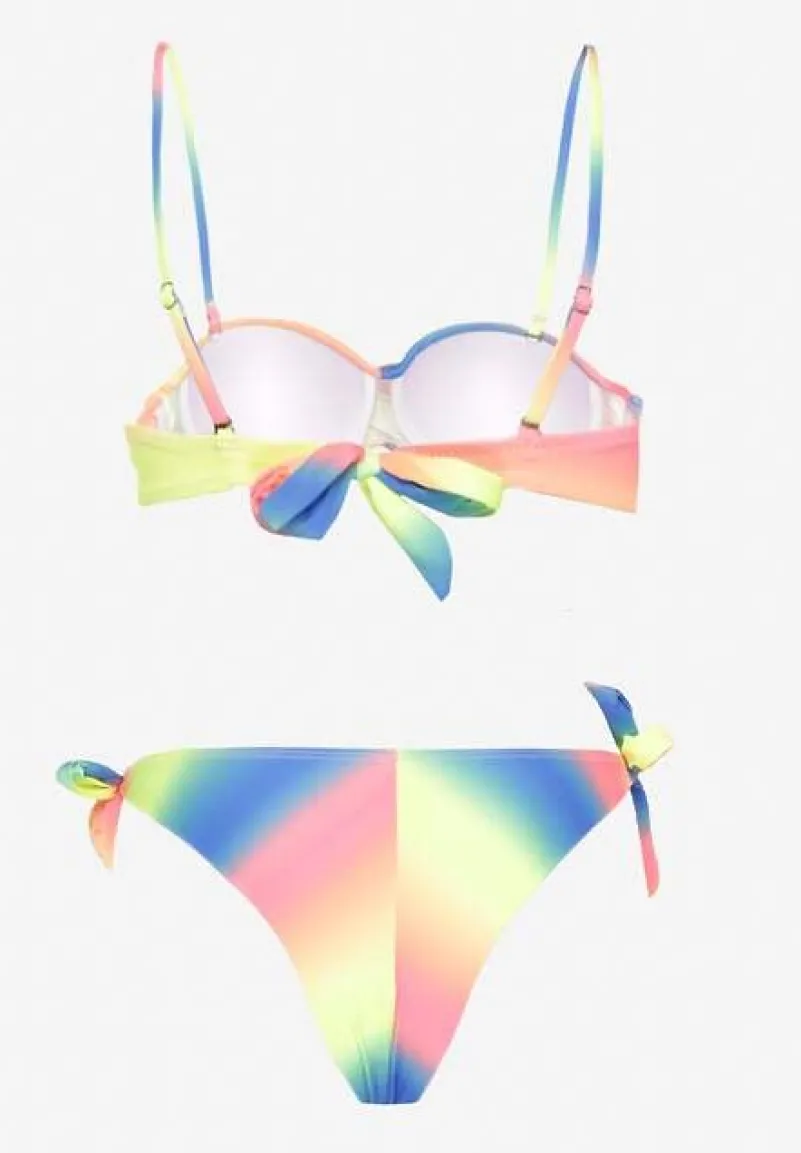 Niebiesko-Żółte Bikini Majtki Typu Figi i Biustonosz z Marszczeniem w Geometryczny Wzór Kinnira