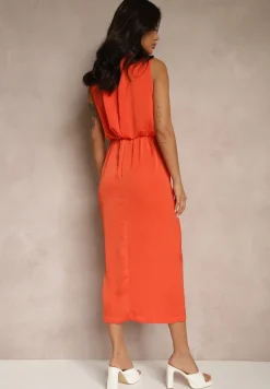 Pomarańczowa Elegancka Sukienka z Marszczeniem Rinastia