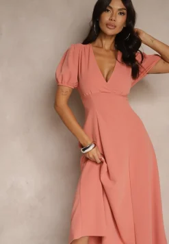 Pomarańczowa Rozkloszowana Sukienka Koktajlowa Ozdobiona Wiązaniem Ziverine