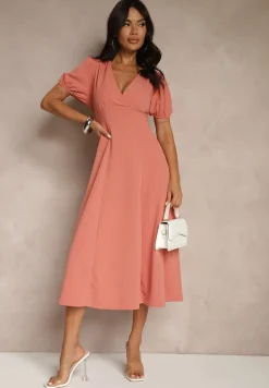 Pomarańczowa Rozkloszowana Sukienka Koktajlowa Ozdobiona Wiązaniem Ziverine